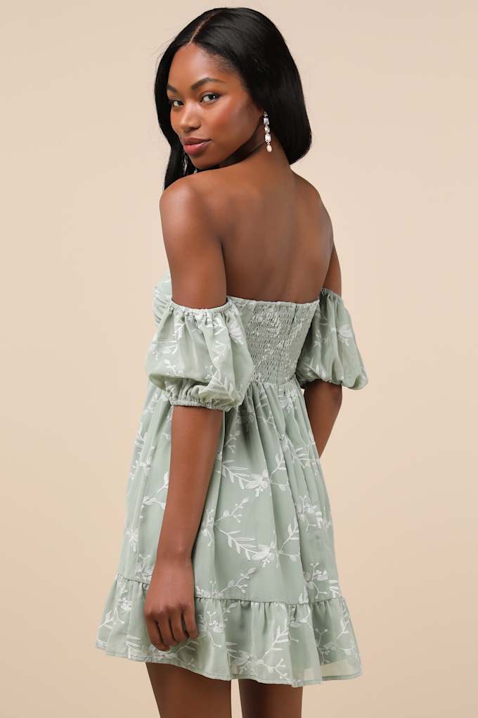 Cutest Icon Sage Green Embroidered Off-the-Shoulder Mini Dress