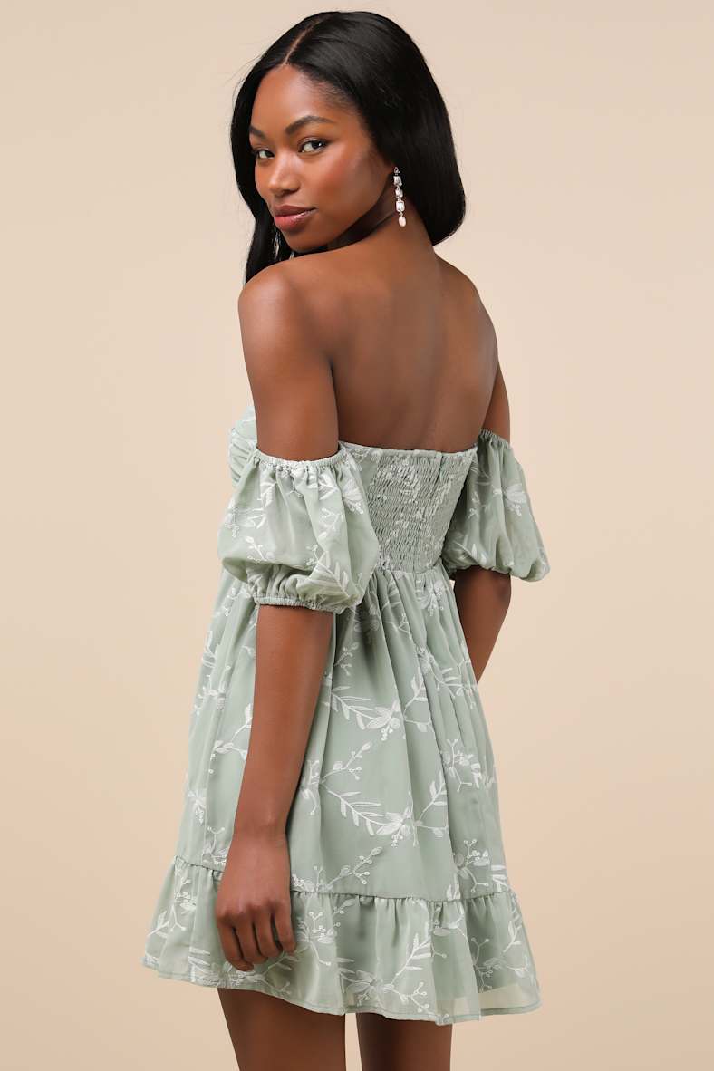 Cutest Icon Sage Green Embroidered Off-the-Shoulder Mini Dress