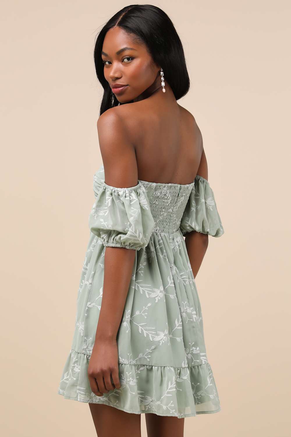 Cutest Icon Sage Green Embroidered Off-the-Shoulder Mini Dress