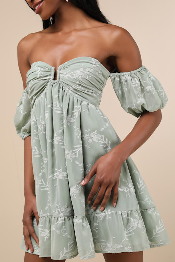 Lulus Cutest Icon Sage Green Embroidered Off-the-shoulder Mini Dress In Sage Green