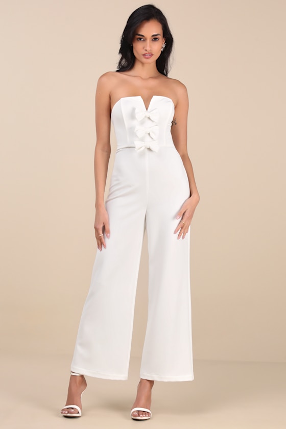 Lulus Opulent Outlook White Bow Strapless Wide-leg Jumpsuit In White