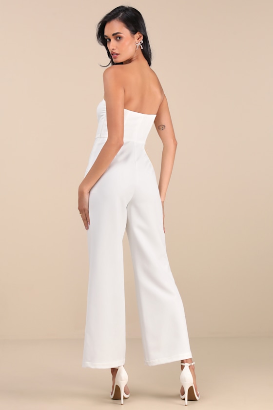 Lulus Opulent Outlook White Bow Strapless Wide-leg Jumpsuit In White