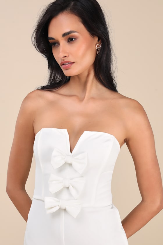 Lulus Opulent Outlook White Bow Strapless Wide-leg Jumpsuit In White