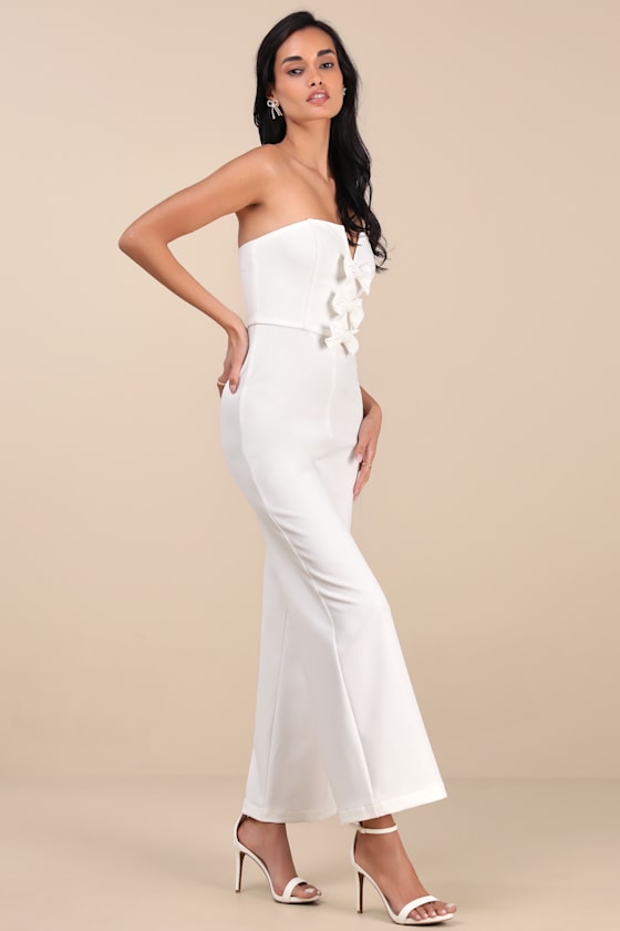 Lulus Opulent Outlook White Bow Strapless Wide-leg Jumpsuit In White