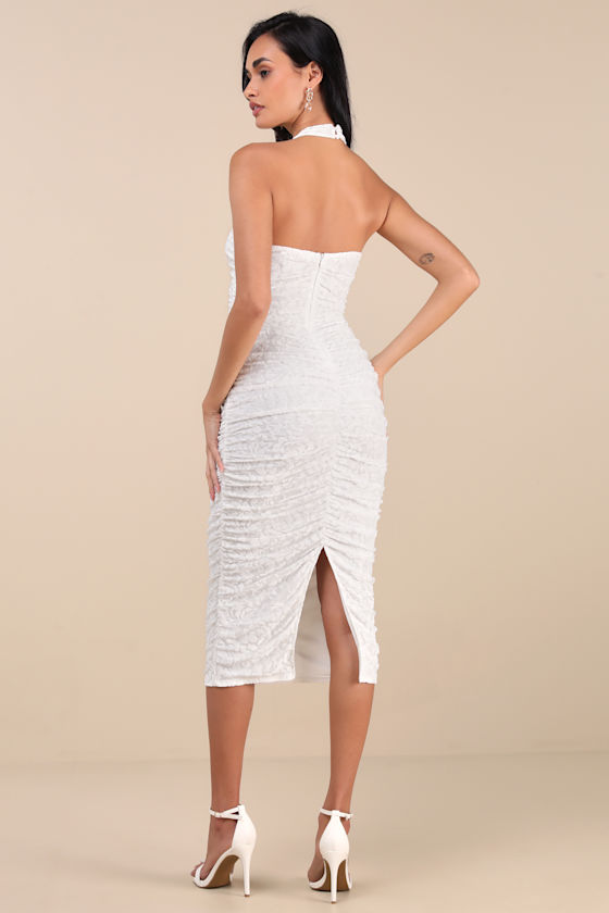 Lulus Delanie White Mesh Floral Burnout Halter Midi Dress In White