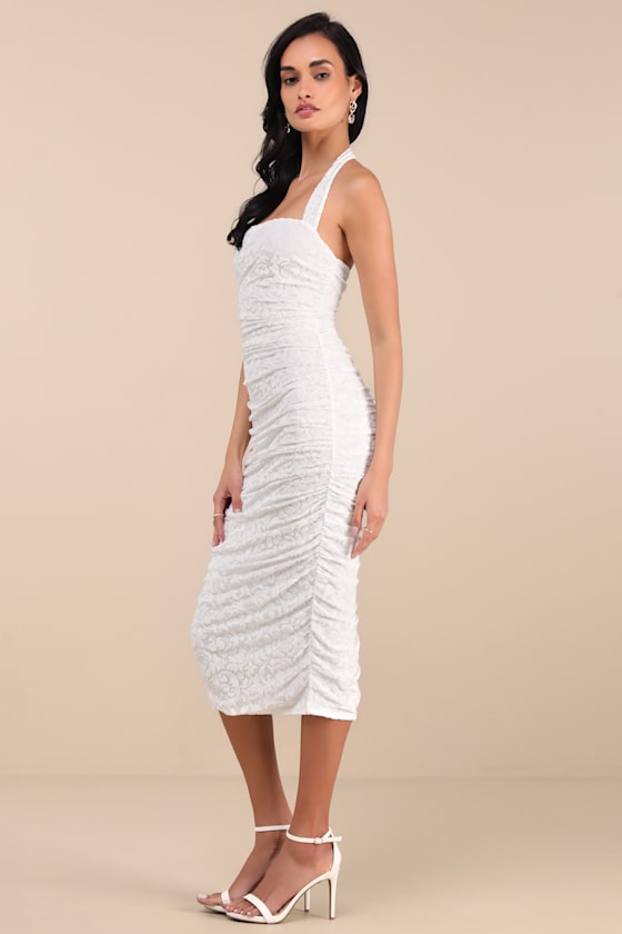 Lulus Delanie White Mesh Floral Burnout Halter Midi Dress In White