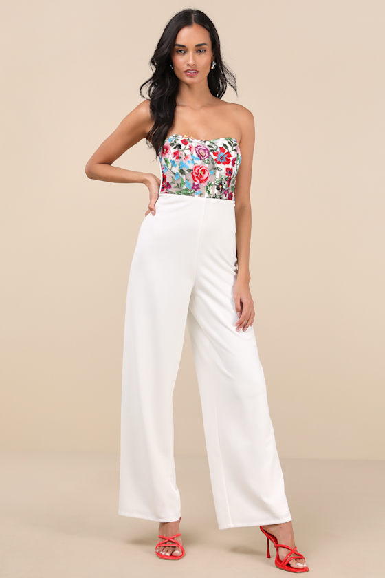 Lulus Remarkable Energy White Floral Embroidered Strapless Jumpsuit In White