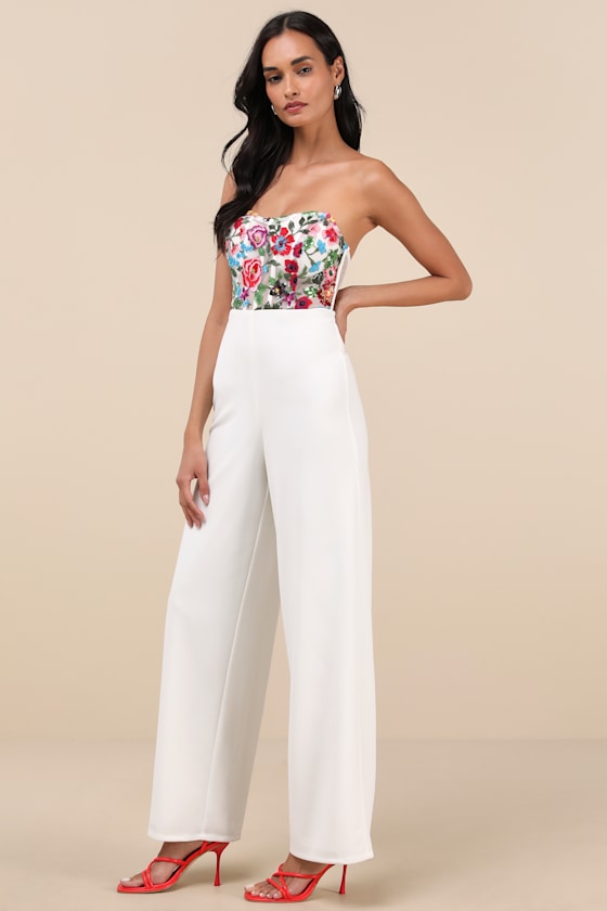 Lulus Remarkable Energy White Floral Embroidered Strapless Jumpsuit In White