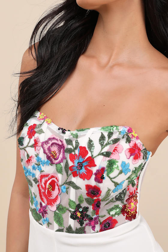 Lulus Remarkable Energy White Floral Embroidered Strapless Jumpsuit In White