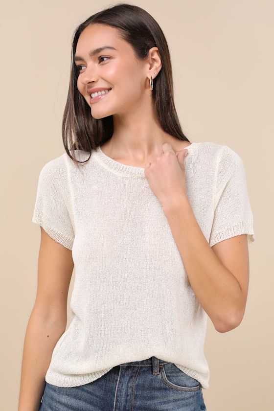 Lulus Clean Aesthetic Cream Short Sleeve Sweater Top In White