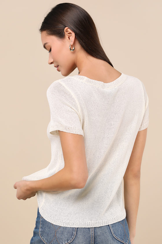 Lulus Clean Aesthetic Cream Short Sleeve Sweater Top In White