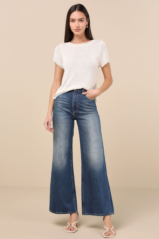 Lulus Clean Aesthetic Cream Short Sleeve Sweater Top In White