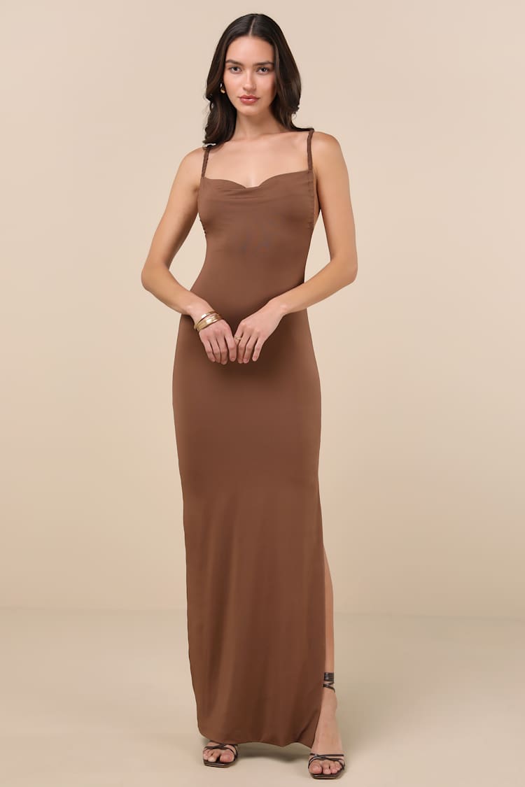Dynasty Brown Slinky Knit Backless Maxi Dress
