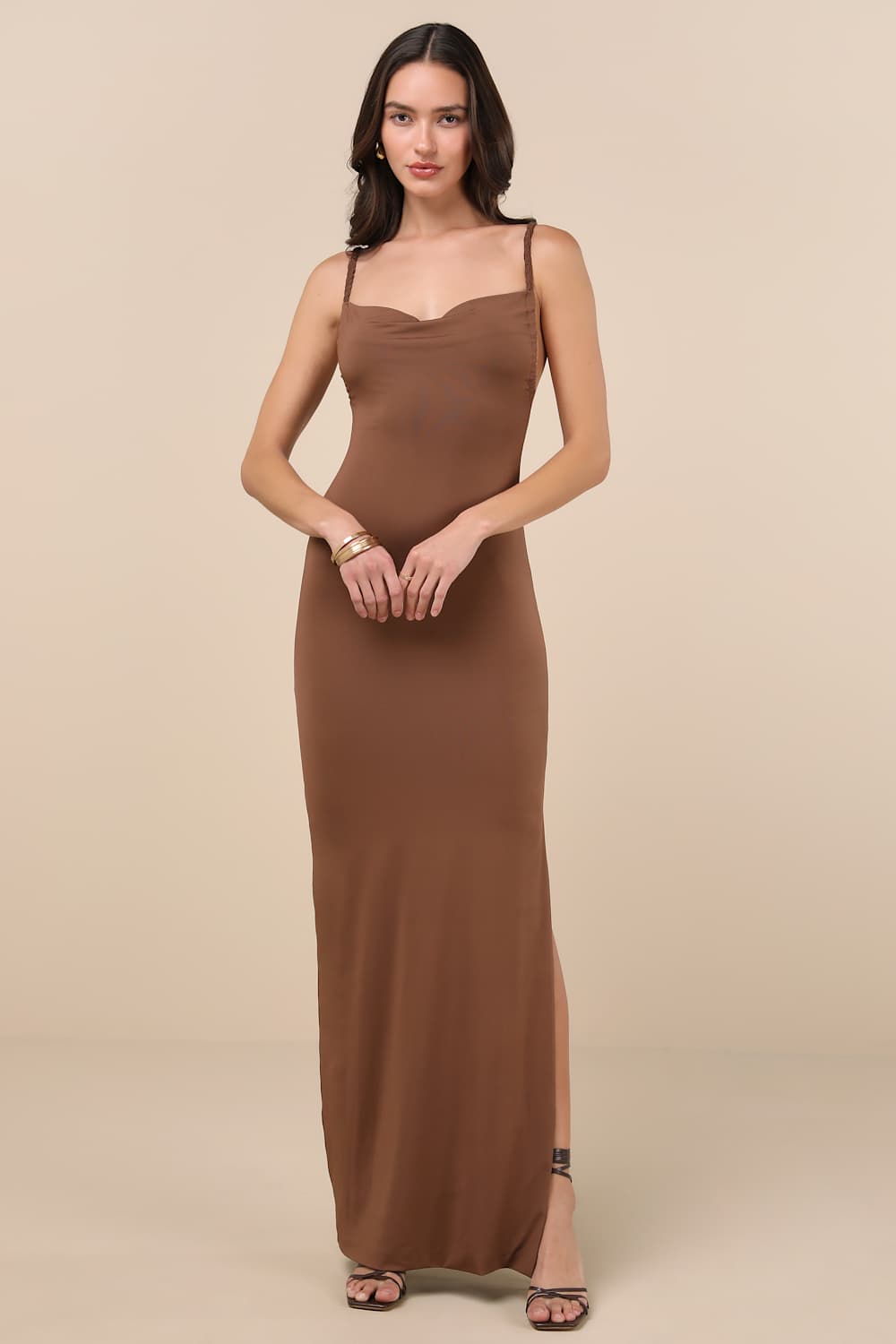 Dynasty Brown Slinky Knit Backless Maxi Dress