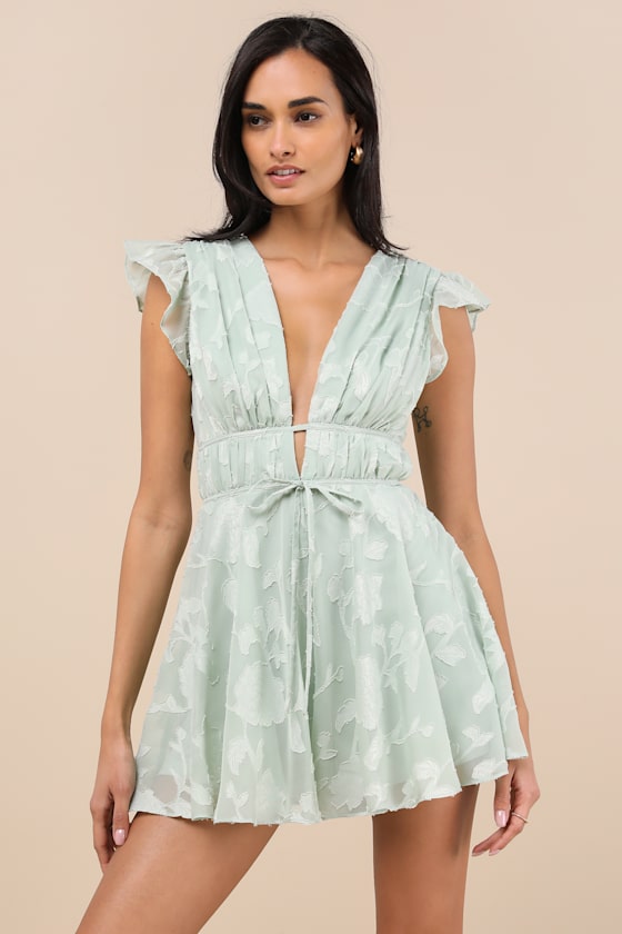 Image of All About The Flowers Mint Green Burnout Floral Ruffled Romper
