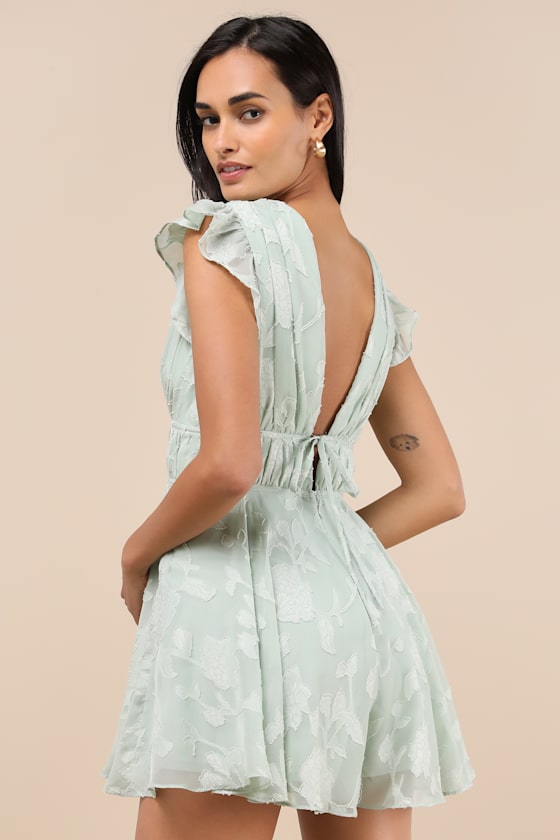 Lulus All About The Flowers Mint Green Burnout Floral Ruffled Romper In Mint Green