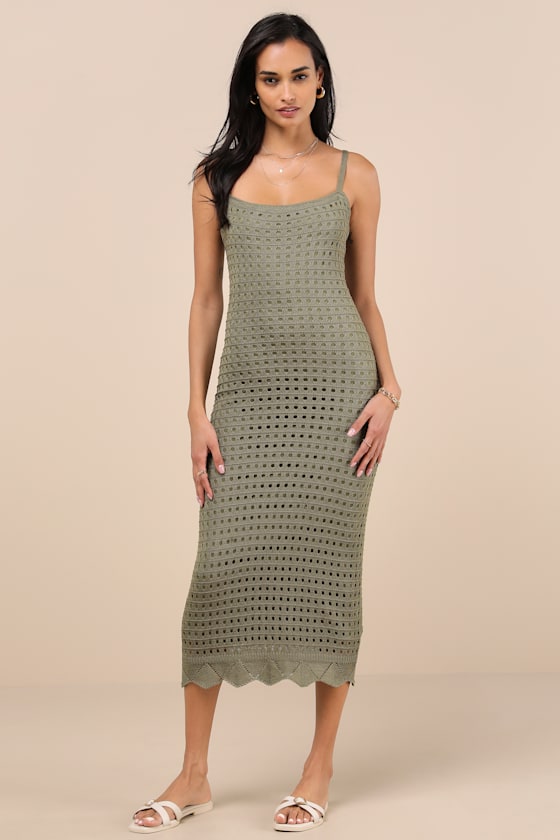 Lulus Ventura Vision Olive Green Crochet Lace-up Midi Dress In Olive Green