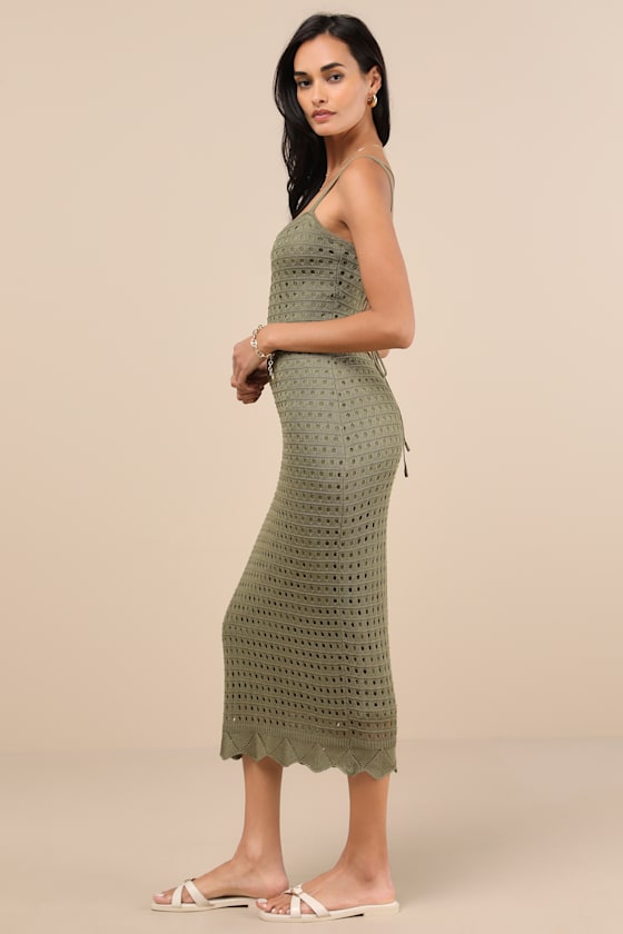 Lulus Ventura Vision Olive Green Crochet Lace-up Midi Dress In Olive Green