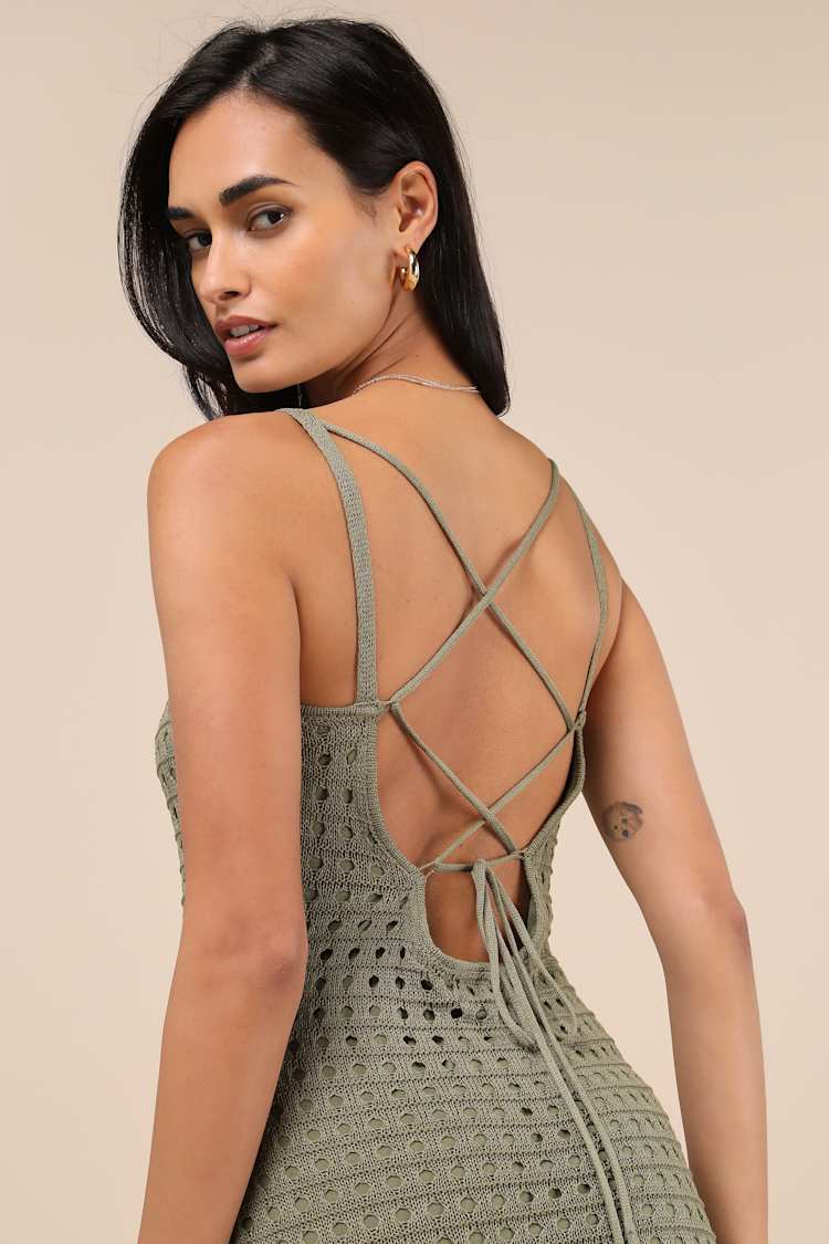 Ventura Vision Olive Green Crochet Lace-Up Midi Dress
