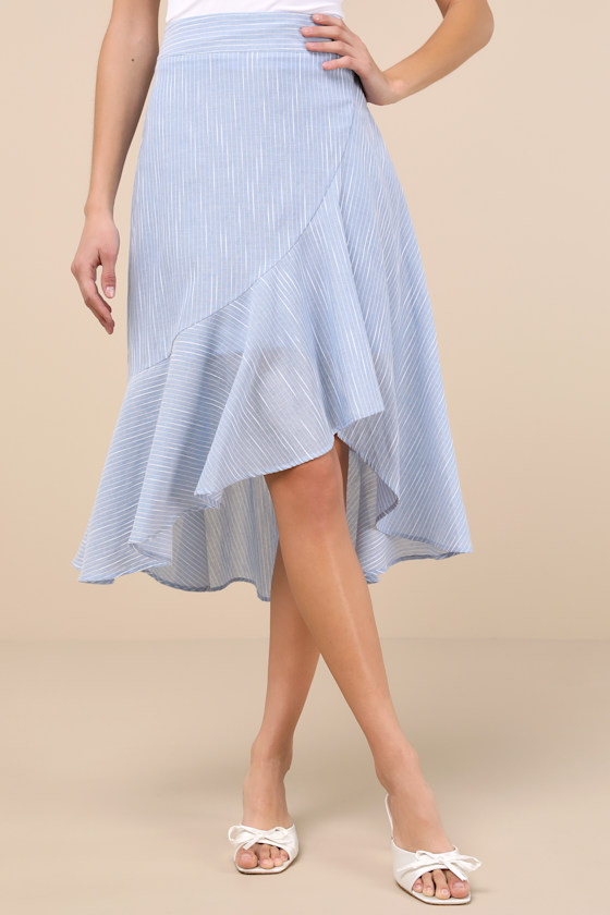Lulus By The Bay Light Blue And White Striped Ruffled Midi Skirt In Light Blue And White