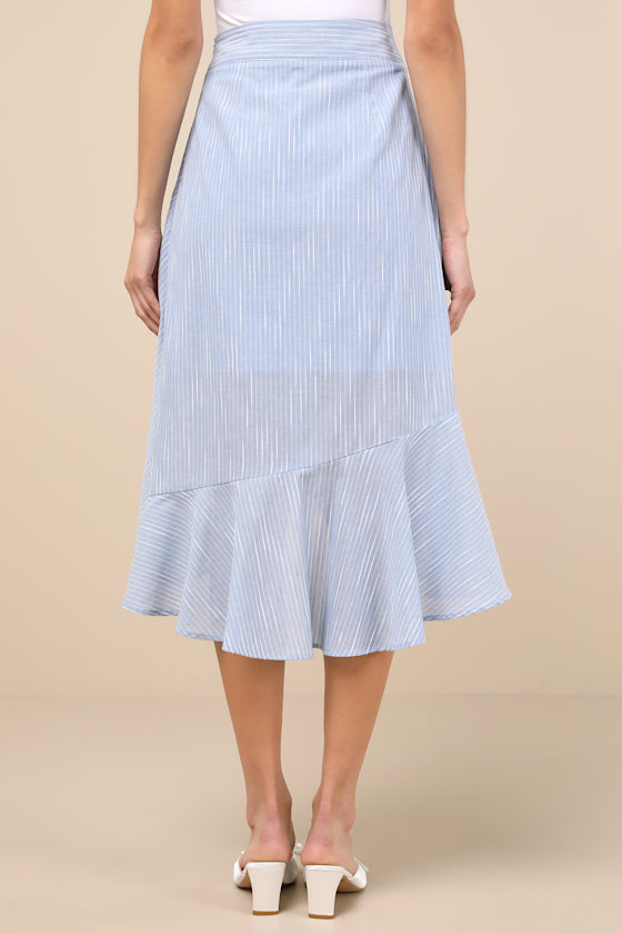 Lulus By The Bay Light Blue And White Striped Ruffled Midi Skirt In Light Blue And White