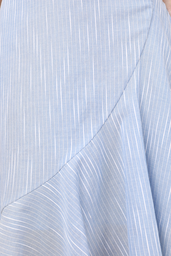 Lulus By The Bay Light Blue And White Striped Ruffled Midi Skirt In Light Blue And White