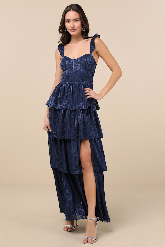 Navy Floral Jacquard Dress - Bustier Maxi Dress - Tiered