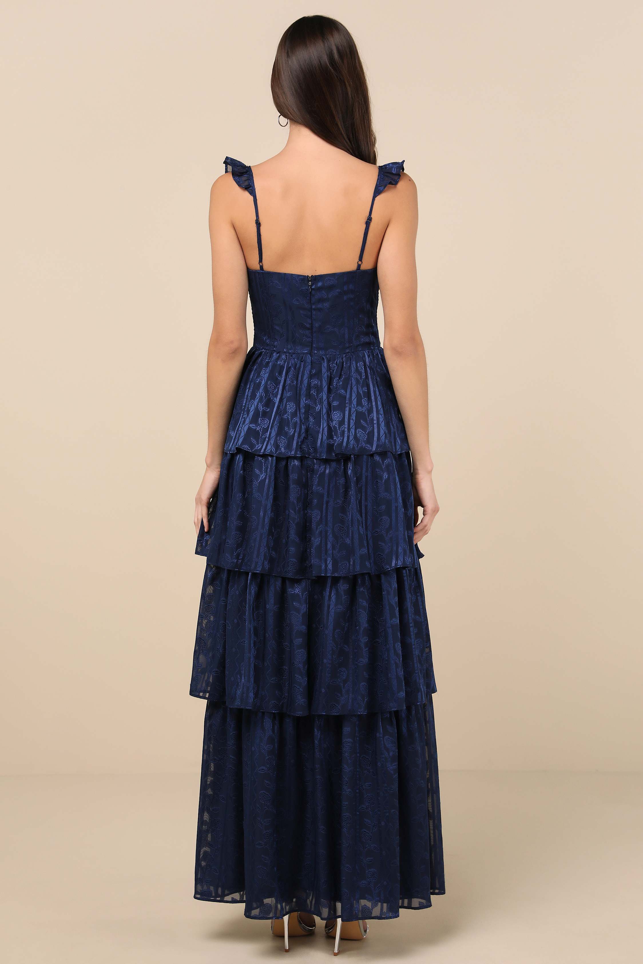 Stunning Glory Navy Blue Floral Jacquard Tiered Maxi Dress