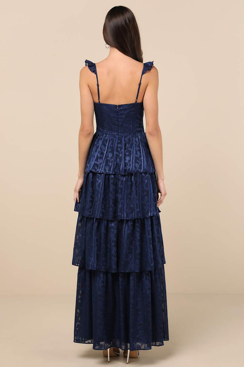Stunning Glory Navy Blue Floral Jacquard Tiered Maxi Dress