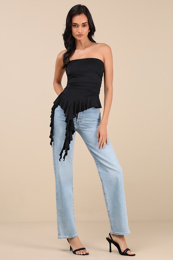 LULUS UPFRONT CHICNESS BLACK ASYMMETRICAL RUFFLED STRAPLESS TOP