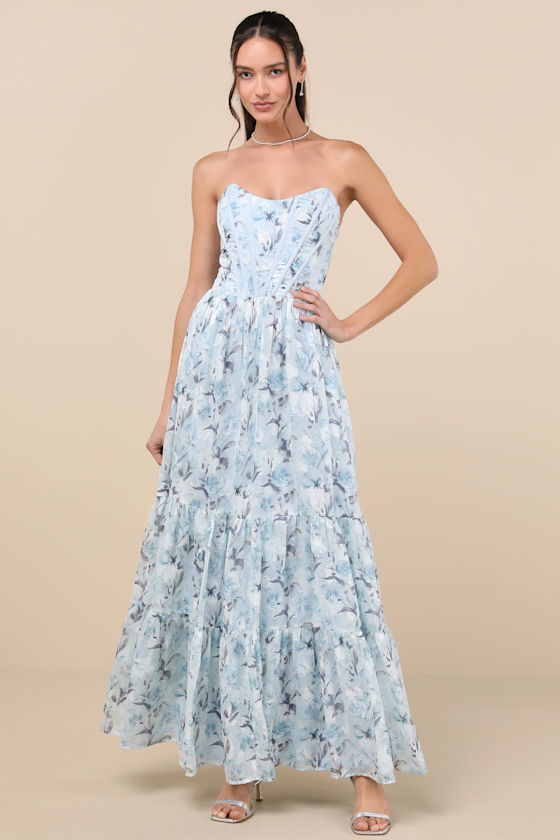 Image of Special Moment Light Blue Floral Strapless Bustier Maxi Dress