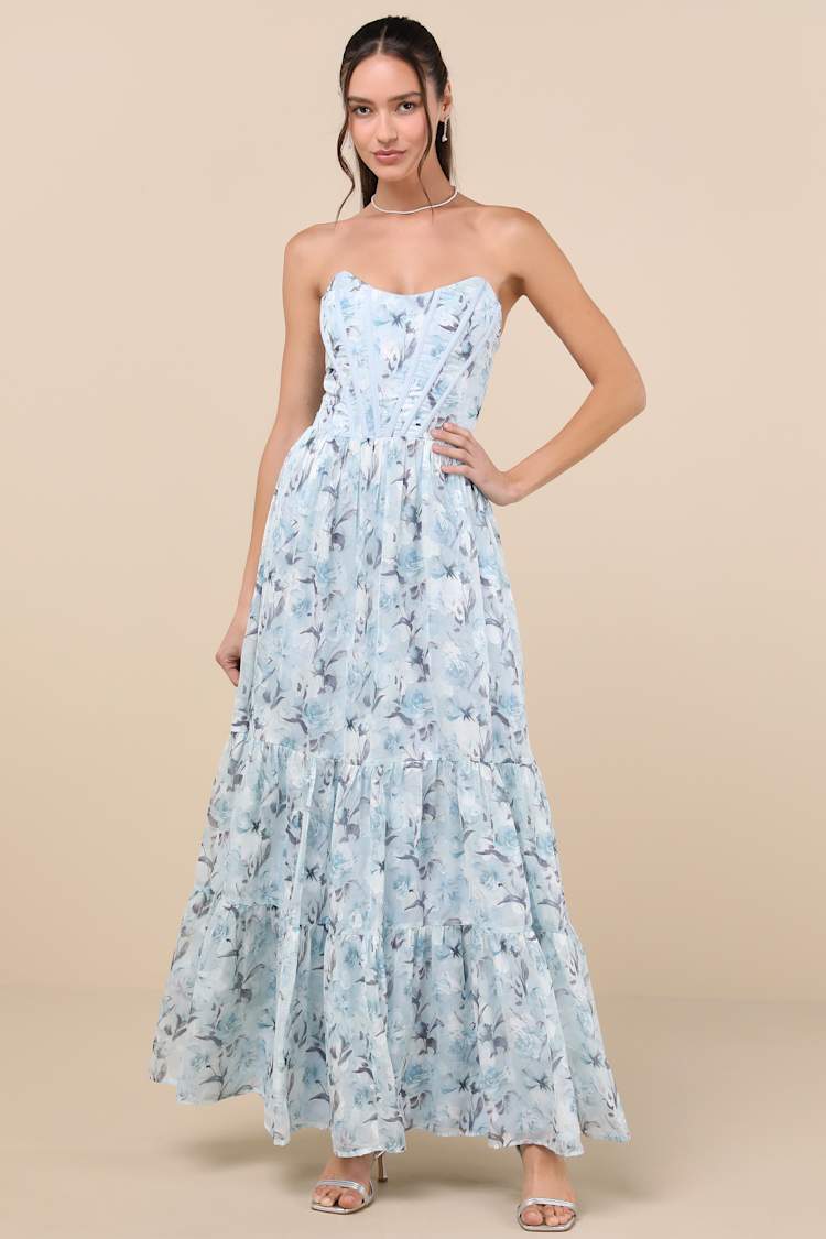 Special Moment Light Blue Floral Strapless Bustier Maxi Dress