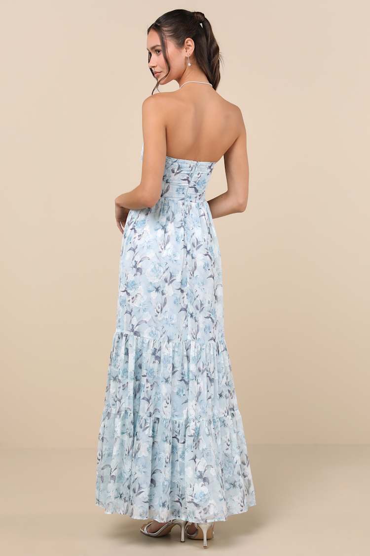 Special Moment Light Blue Floral Strapless Bustier Maxi Dress