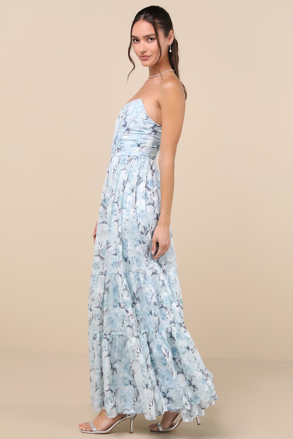 Special Moment Light Blue Floral Strapless Bustier Maxi Dress
