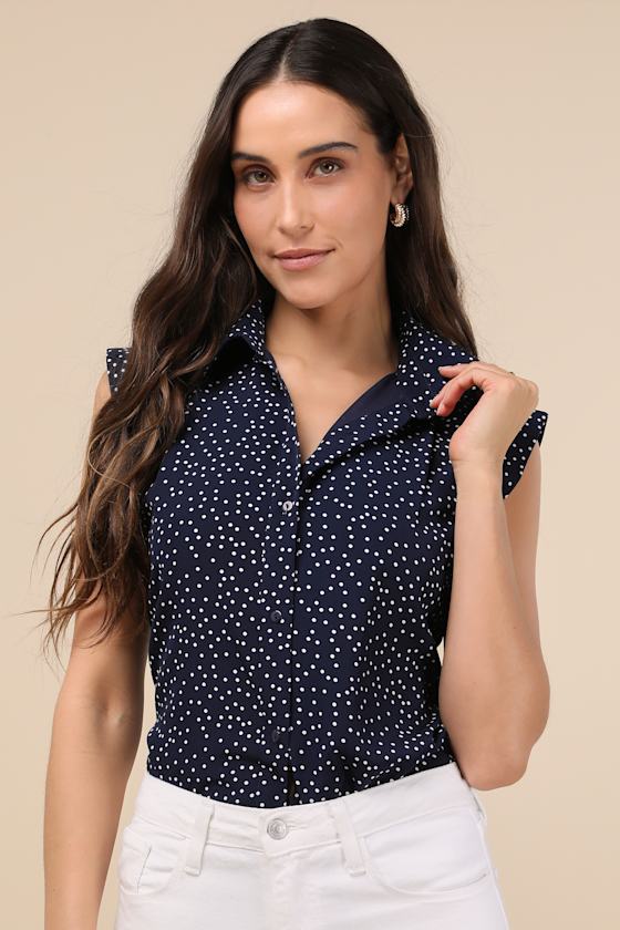 Lulus Chic Candidate Navy Polka Dot Collared Sleeveless Button-up Top In Navy