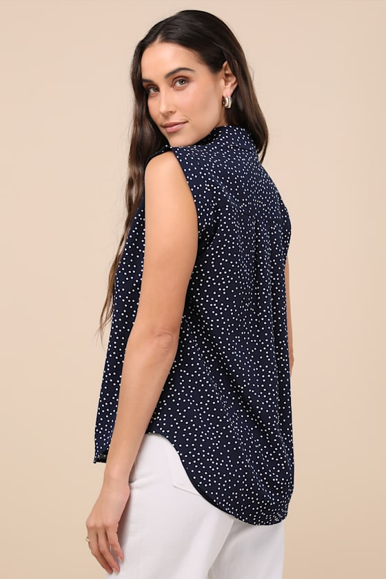 Lulus Chic Candidate Navy Polka Dot Collared Sleeveless Button-up Top In Navy