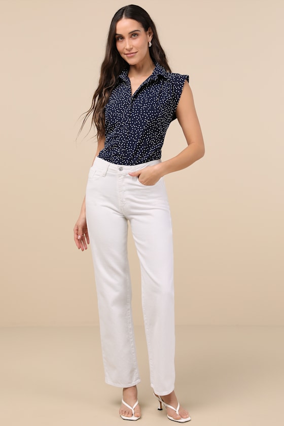 Lulus Chic Candidate Navy Polka Dot Collared Sleeveless Button-up Top In Navy