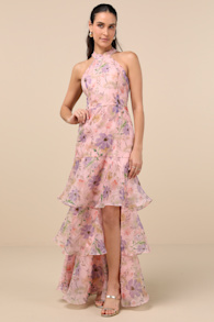 Forever Exceptional Light Pink Floral Halter Organza Maxi Dress