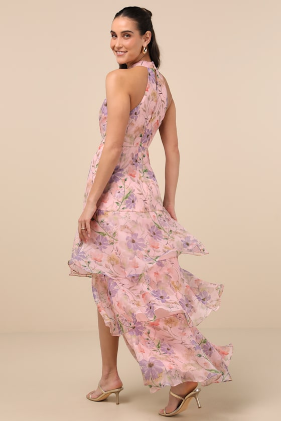Lulus Forever Exceptional Light Pink Floral Halter Organza Maxi Dress In Light Pink