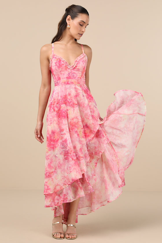 Lulus Desdra Pink Floral Ruffled Tiered High-low Maxi Dress In Pink