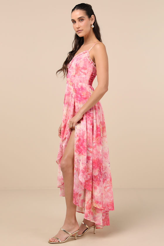 Lulus Desdra Pink Floral Ruffled Tiered High-low Maxi Dress In Pink