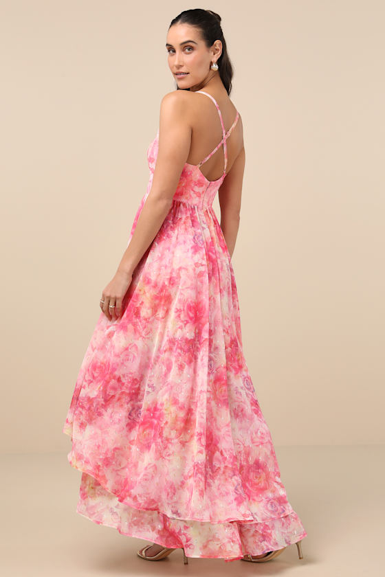 Lulus Desdra Pink Floral Ruffled Tiered High-low Maxi Dress In Pink