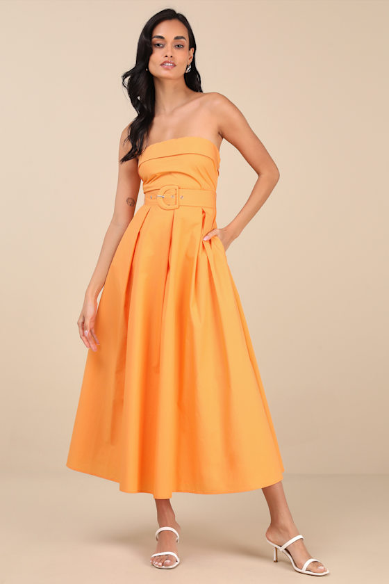 LULUS TRENDSETTING CHOICE ORANGE STRAPLESS MIDI DRESS WITH POCKETS