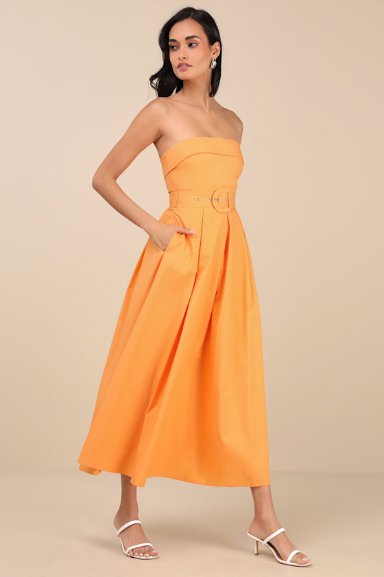 LULUS TRENDSETTING CHOICE ORANGE STRAPLESS MIDI DRESS WITH POCKETS