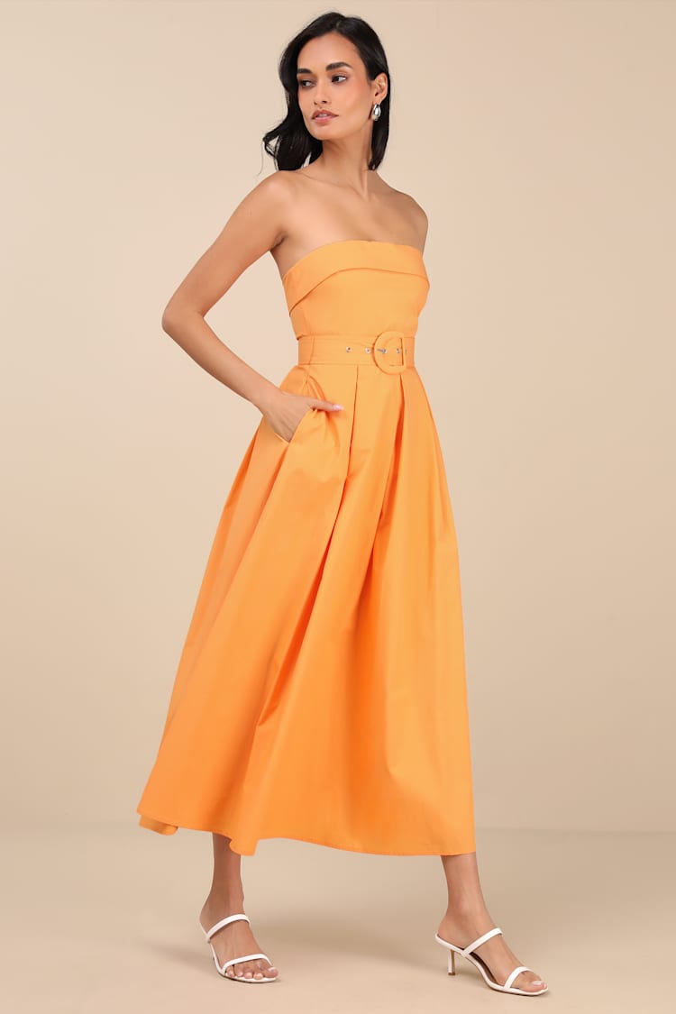 Trendsetting Choice Orange Strapless Midi Dress With Pockets