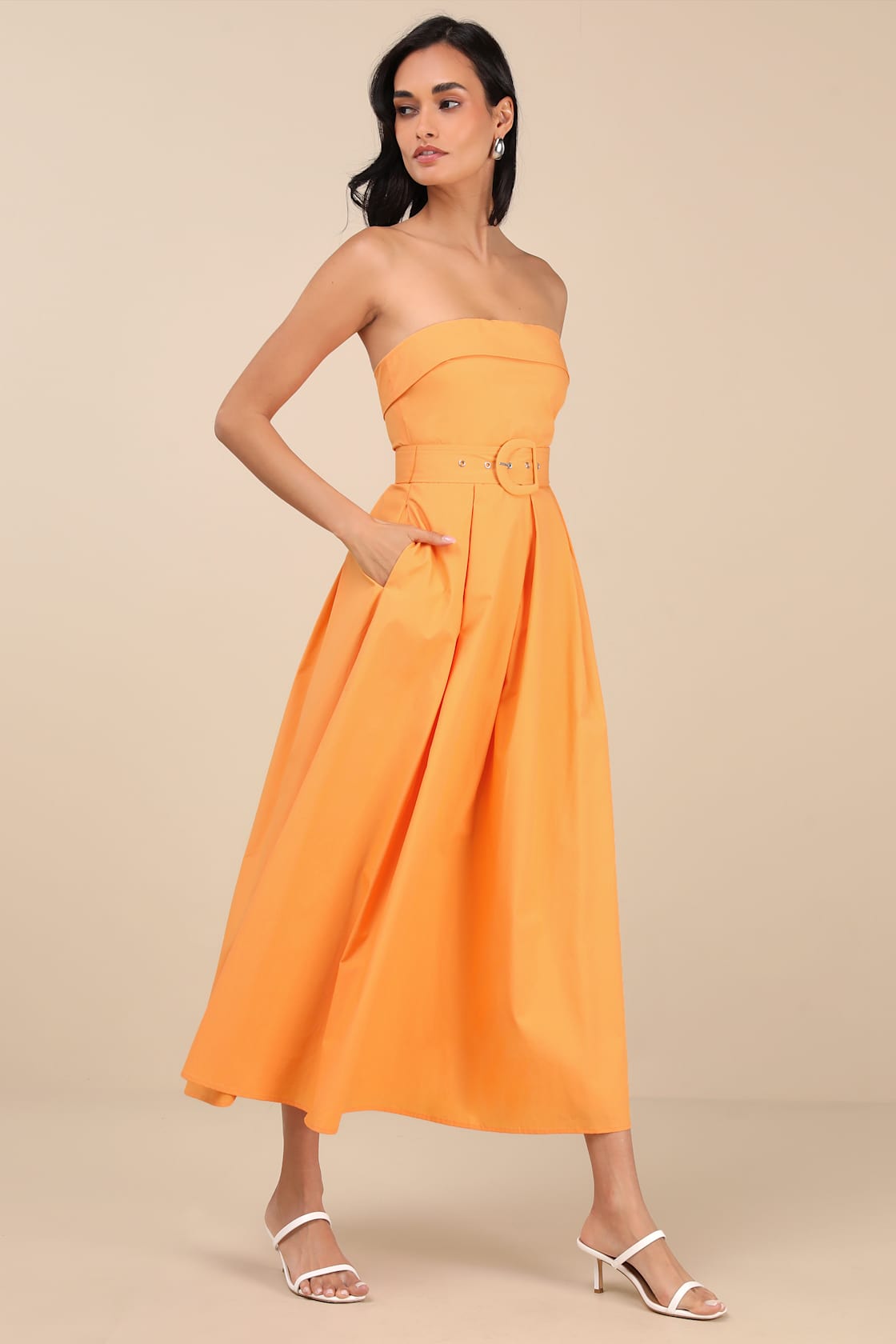Trendsetting Choice Orange Strapless Midi Dress With Pockets