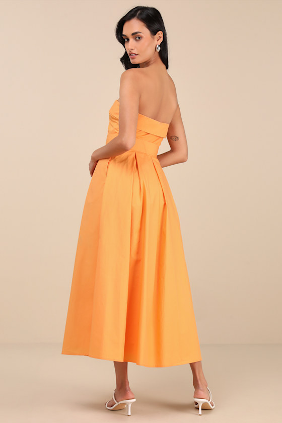 LULUS TRENDSETTING CHOICE ORANGE STRAPLESS MIDI DRESS WITH POCKETS