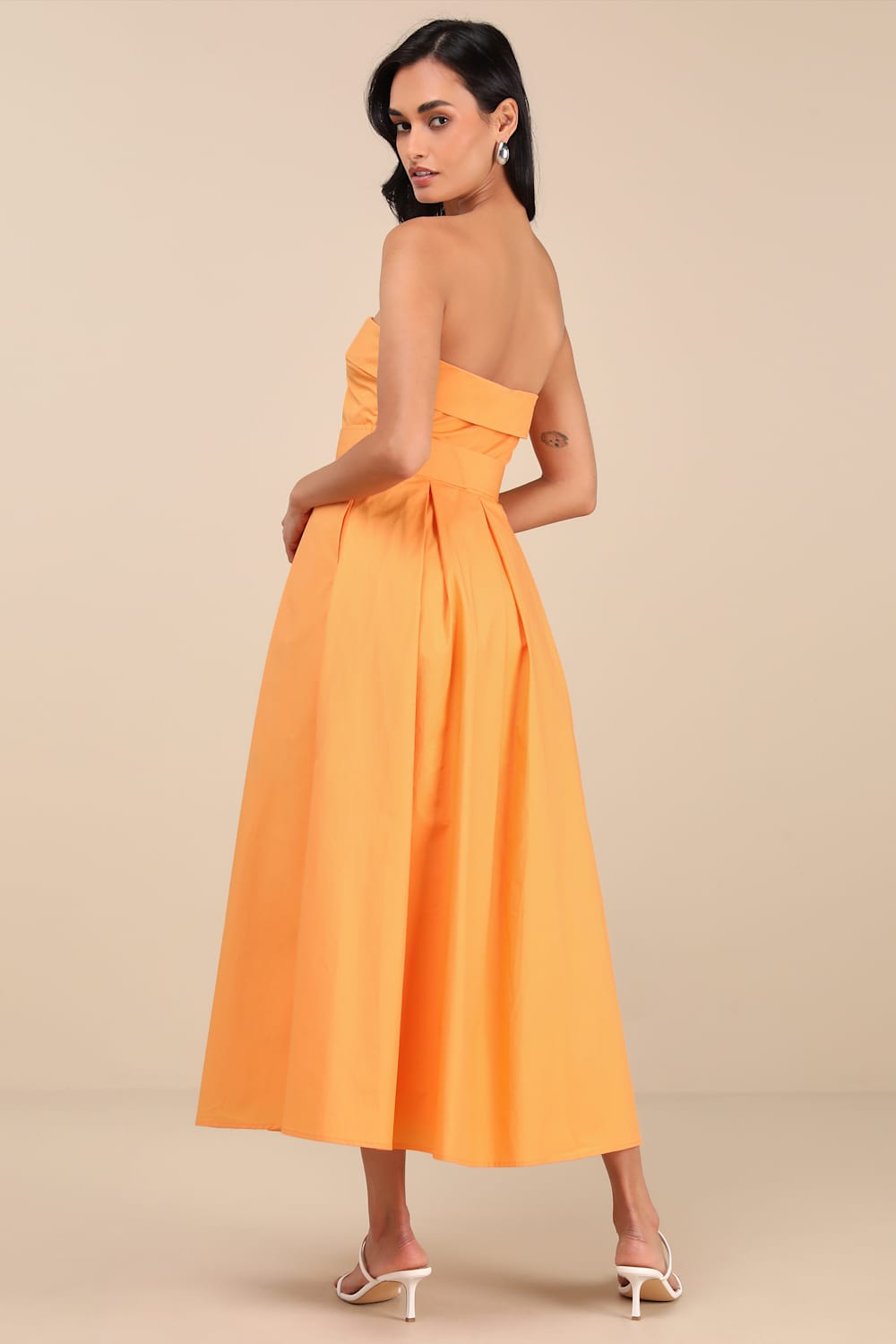 Trendsetting Choice Orange Strapless Midi Dress With Pockets