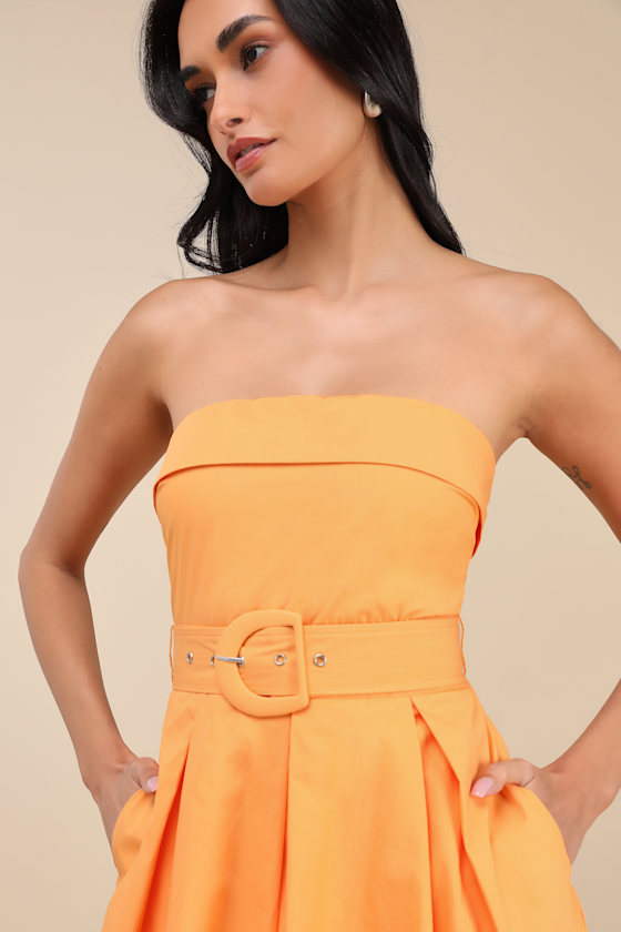 LULUS TRENDSETTING CHOICE ORANGE STRAPLESS MIDI DRESS WITH POCKETS