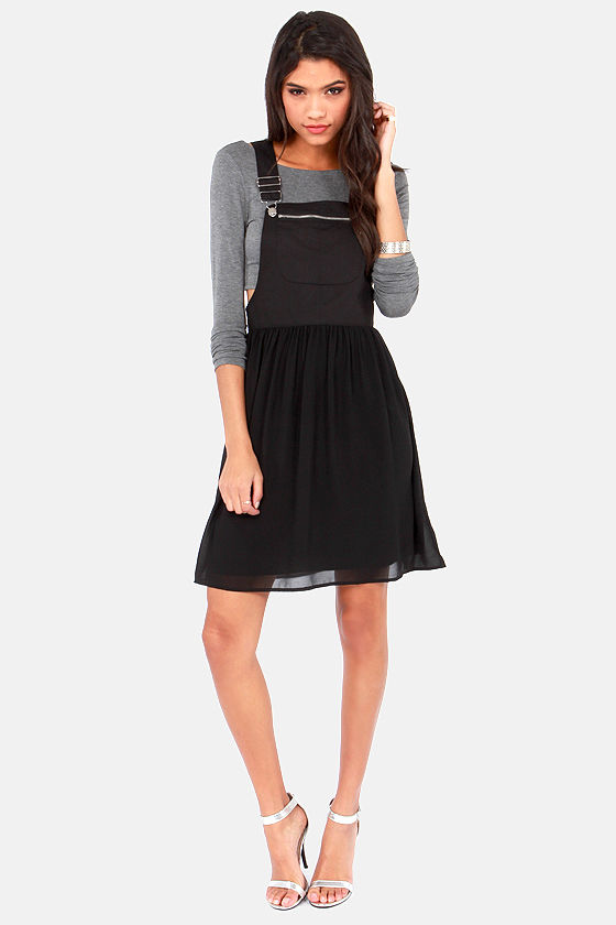 black overall midi dress